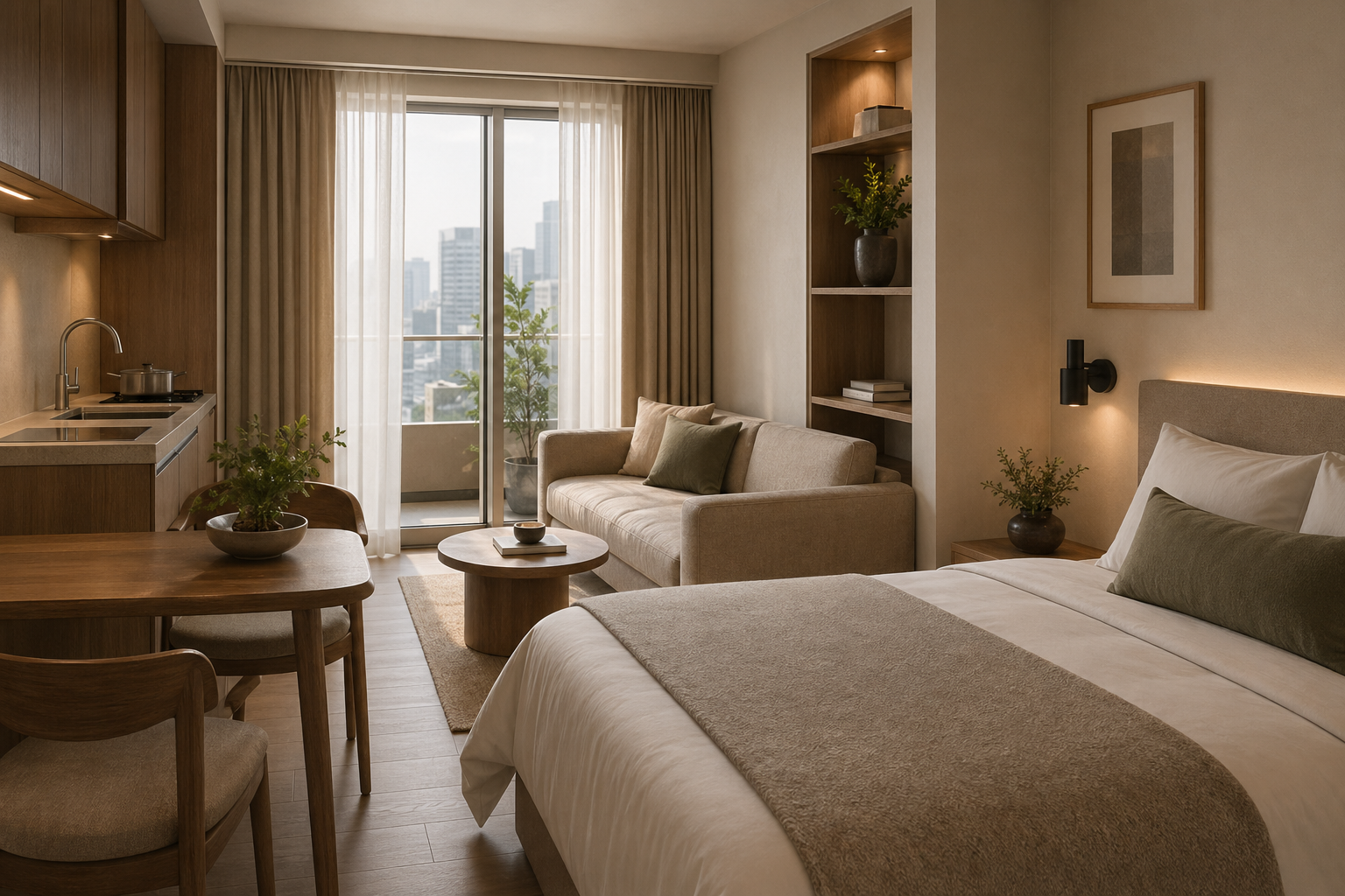 Refined serviced apartment interior with compact, warm long-stay feel