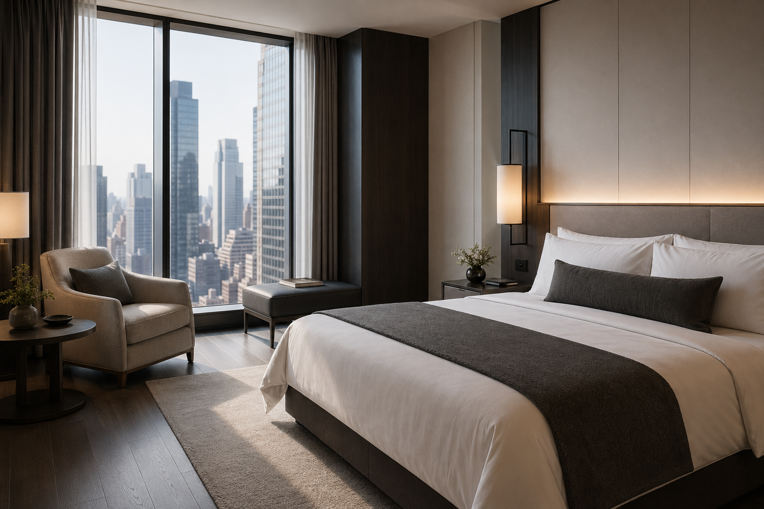 Urban hotel guestroom with stylish minimalist hospitality interior