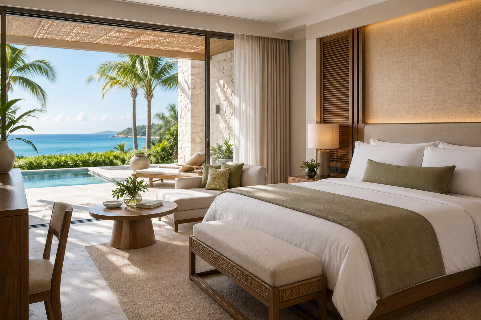 Resort guestroom with sea view, palms, and lighter natural atmosphere