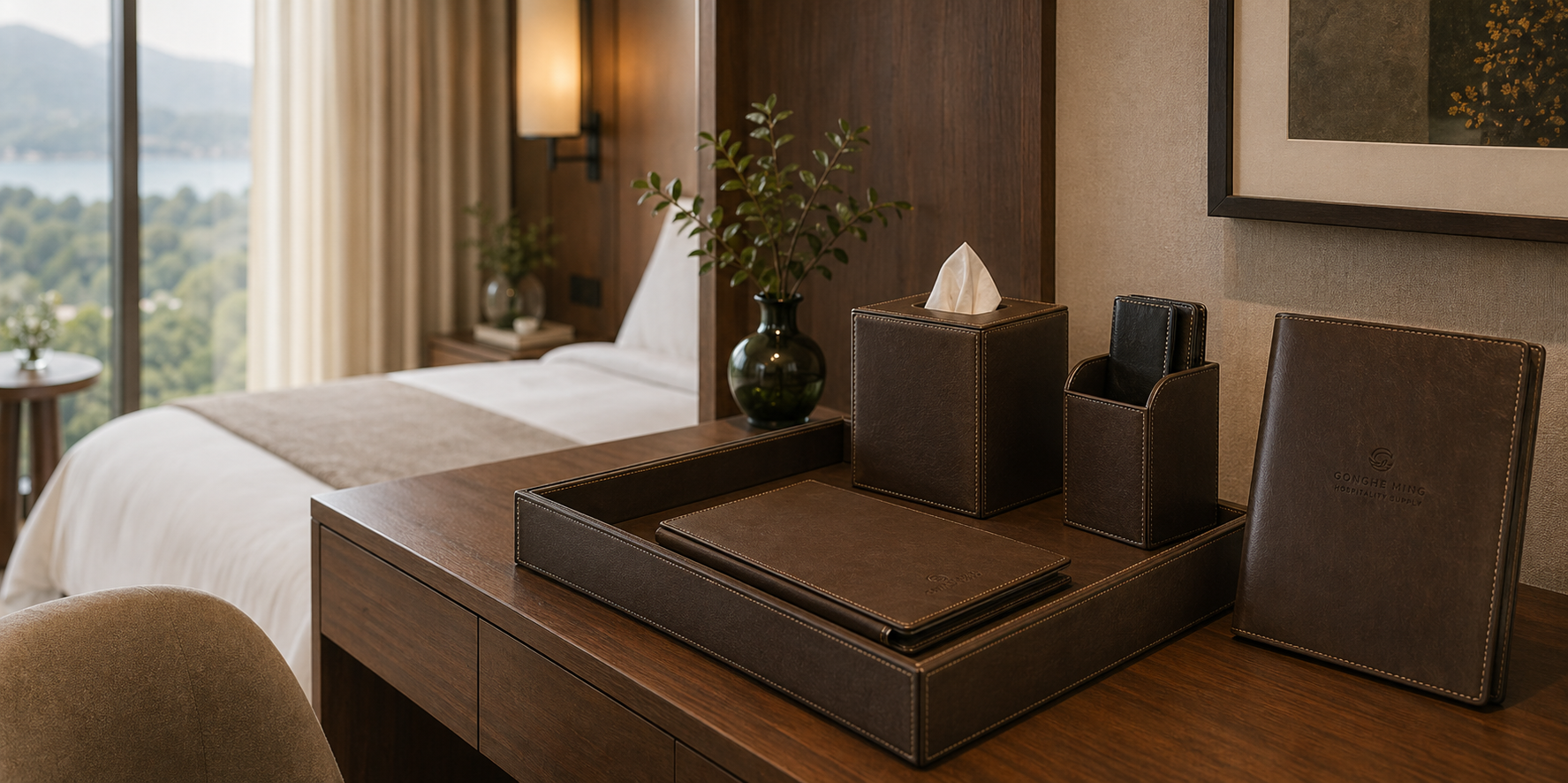 Hotel room desk with refined leather tray and branded room accessories
