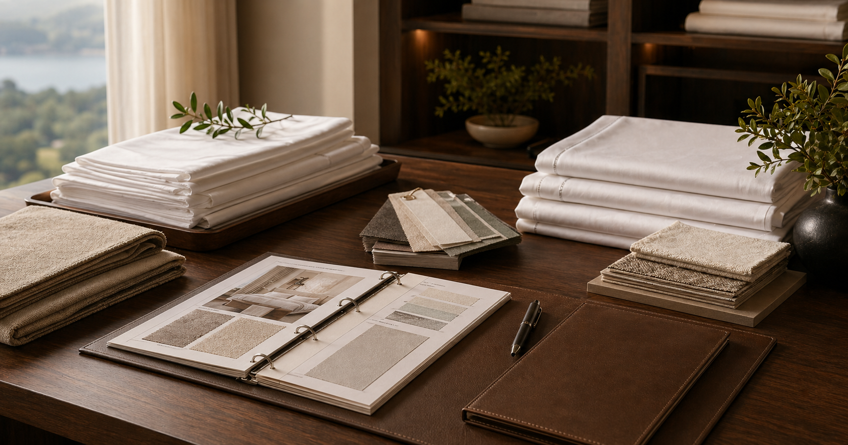 Refined hospitality project staging scene with samples, specifications, and shipping preparation