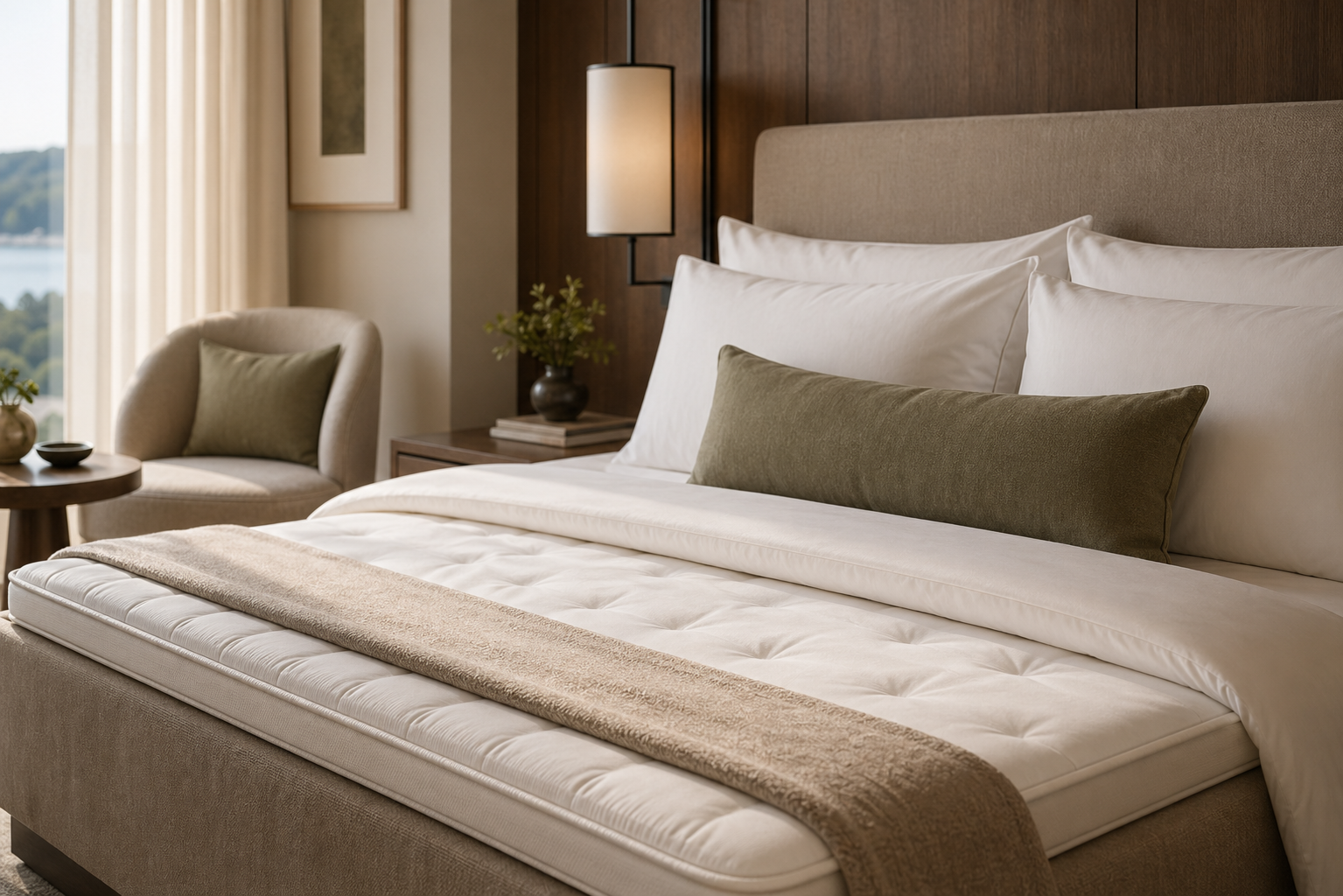 Refined hotel bedroom scene representing sleep systems and room comfort