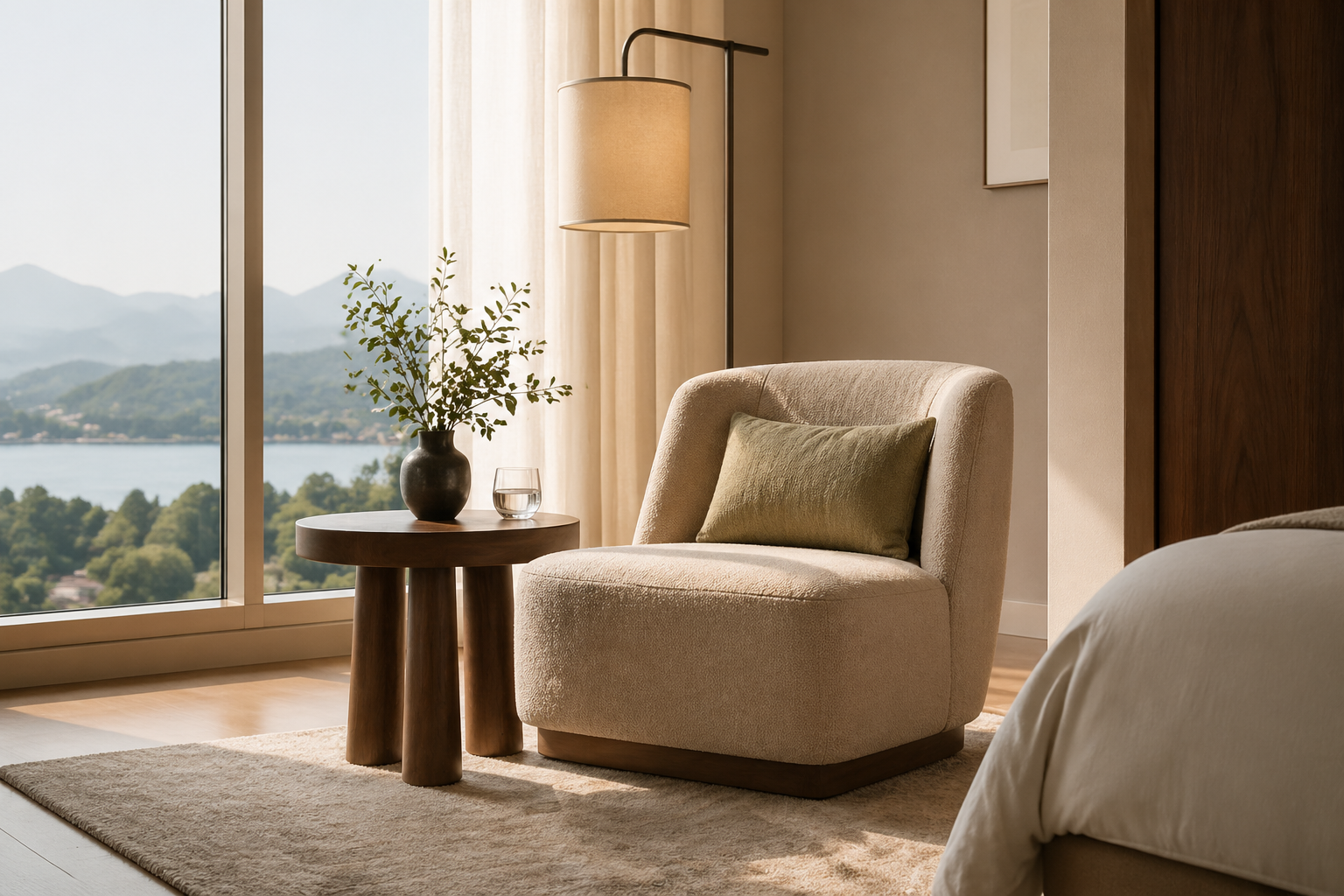 Hotel room corner with chair, side table, and supporting furniture pieces