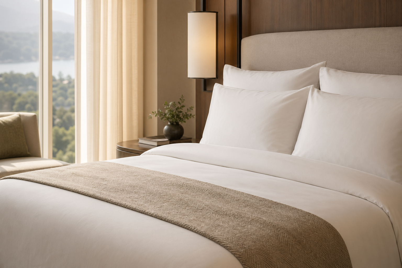 Luxury hotel bed with refined white linen and neutral textile styling