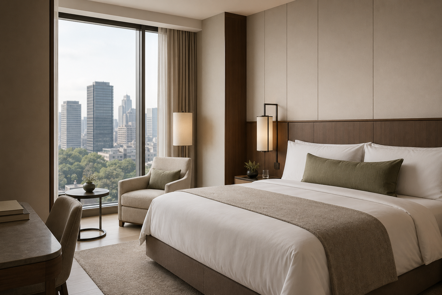 Elegant full-width hotel guestroom with refined city-facing interior and calm neutral palette